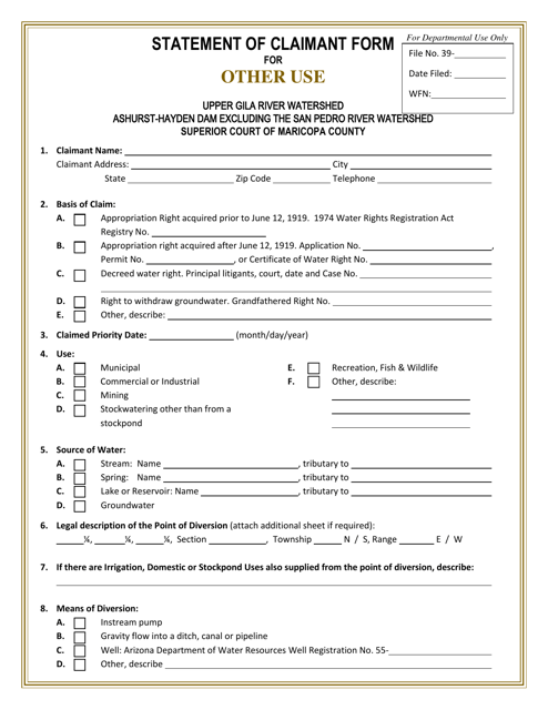 Statement of Claimant Form for Other Use - Upper Gila River Watershed - Arizona Download Pdf