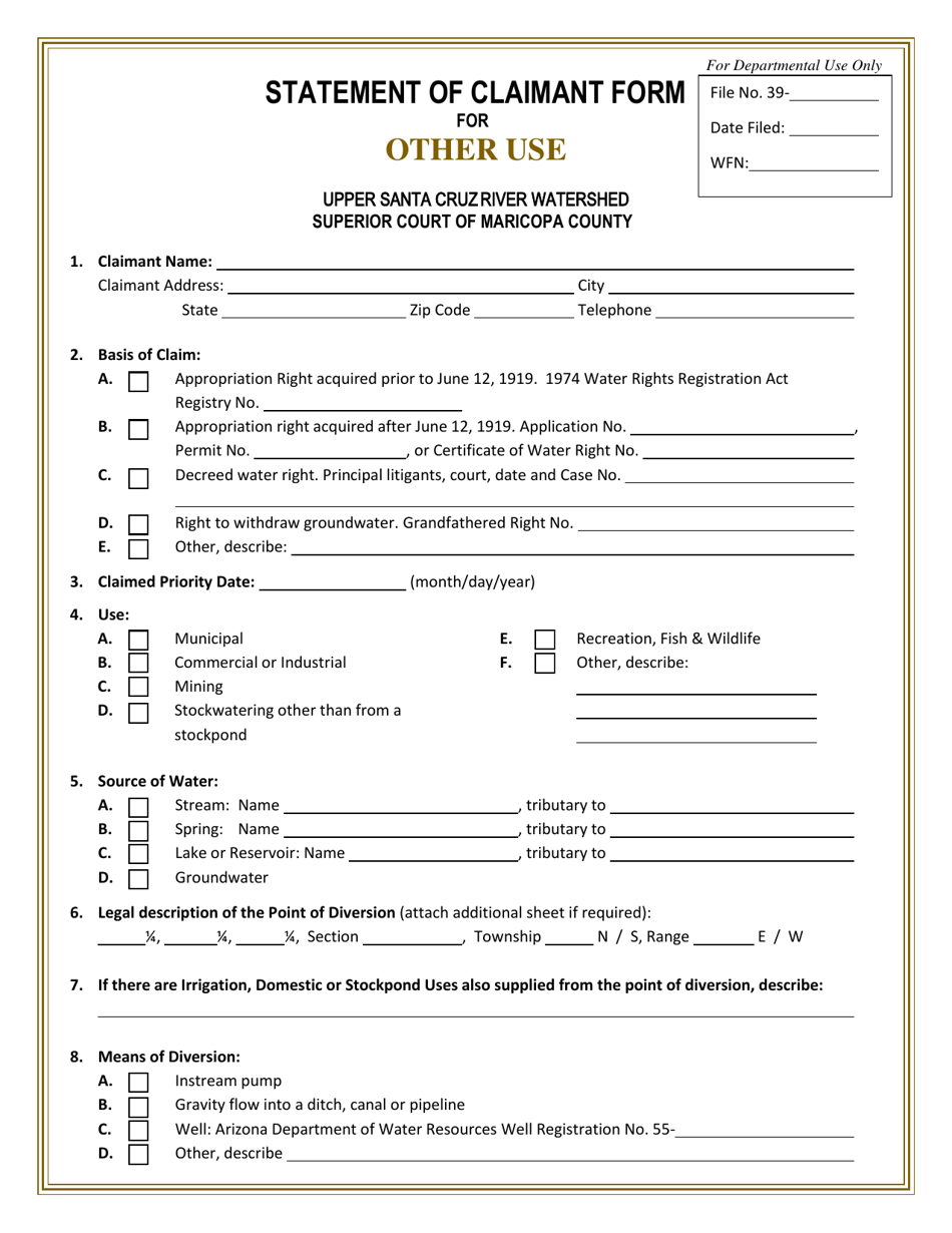 Statement of Claimant Form for Other Use - Upper Santa Cruz River Watershed - Arizona, Page 1