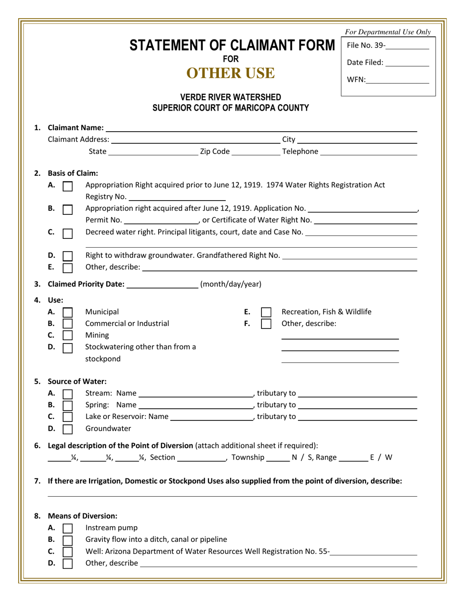Statement of Claimant Form for Other Use - Verde River Watershed - Arizona, Page 1