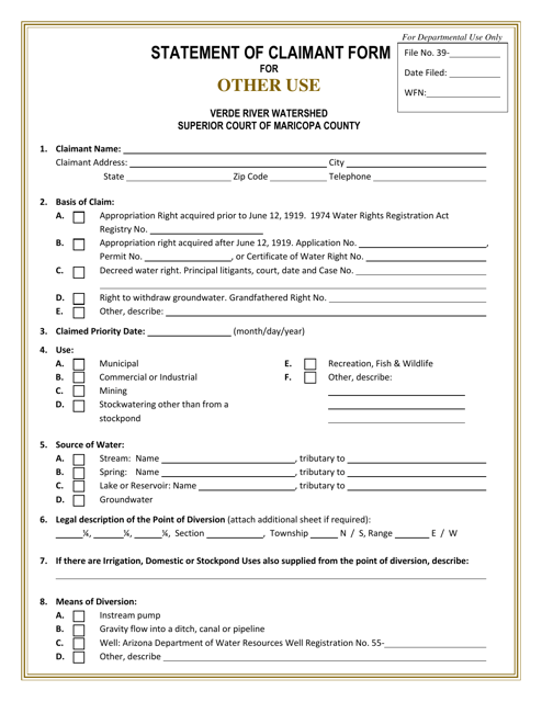 Statement of Claimant Form for Other Use - Verde River Watershed - Arizona Download Pdf