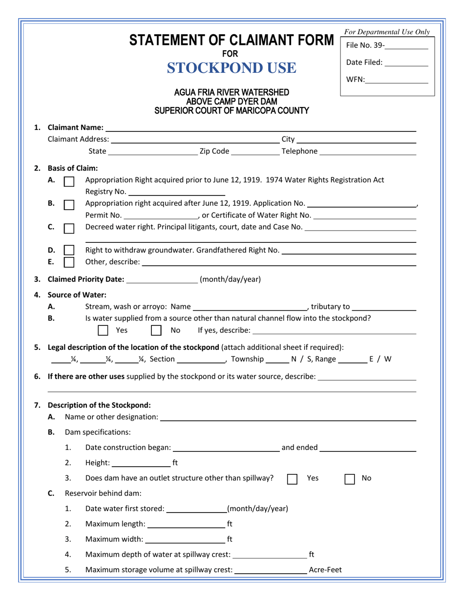 Statement of Claimant Form for Stockpond Use - Agua Fria River Watershed - Arizona, Page 1