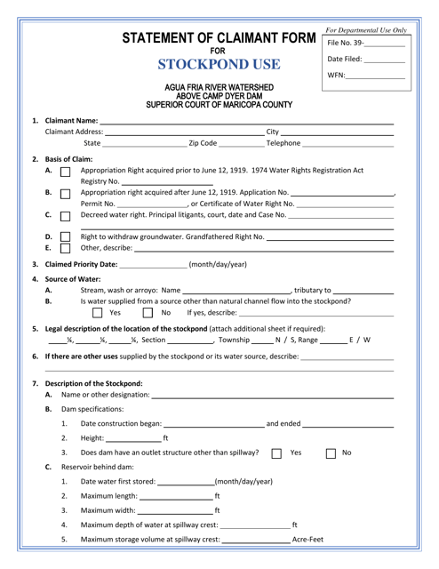 Statement of Claimant Form for Stockpond Use - Agua Fria River Watershed - Arizona Download Pdf