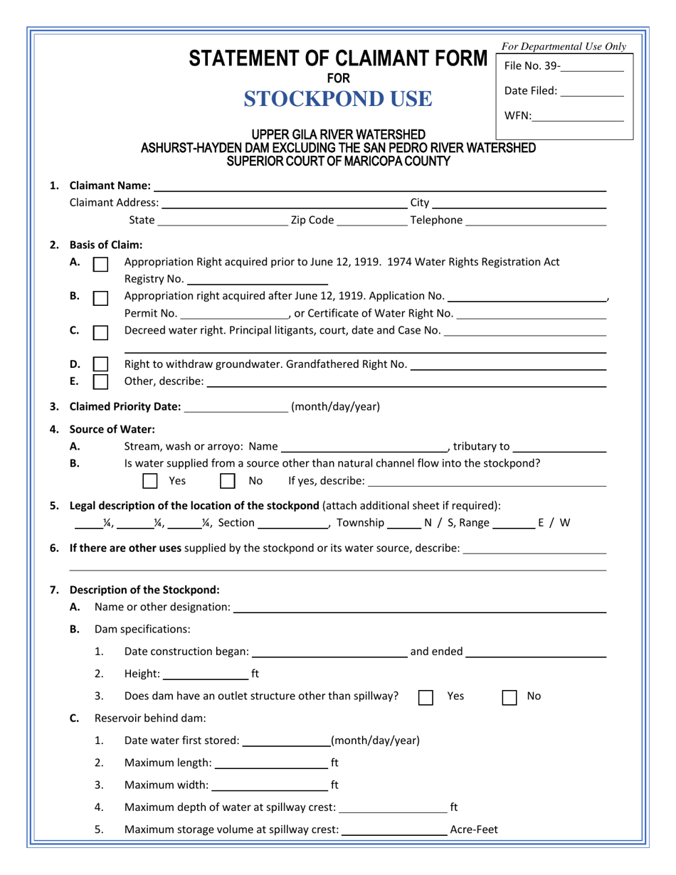 Statement of Claimant Form for Stockpond Use - Upper Gila River Watershed - Arizona, Page 1