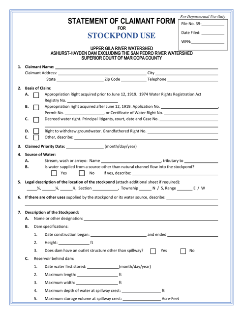 Statement of Claimant Form for Stockpond Use - Upper Gila River Watershed - Arizona Download Pdf