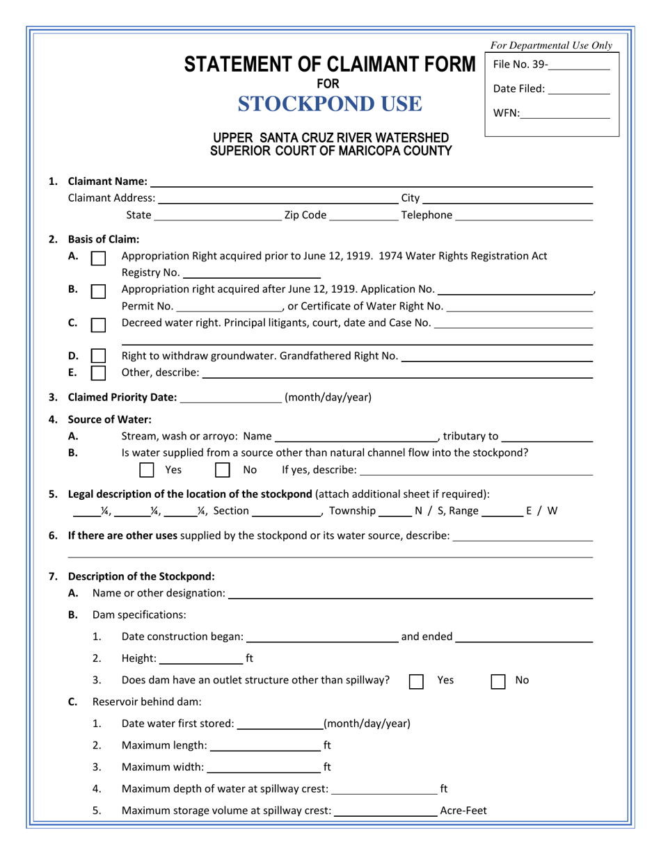 Statement of Claimant Form for Stockpond Use - Uppwer Santa Cruz River Watershed - Arizona, Page 1