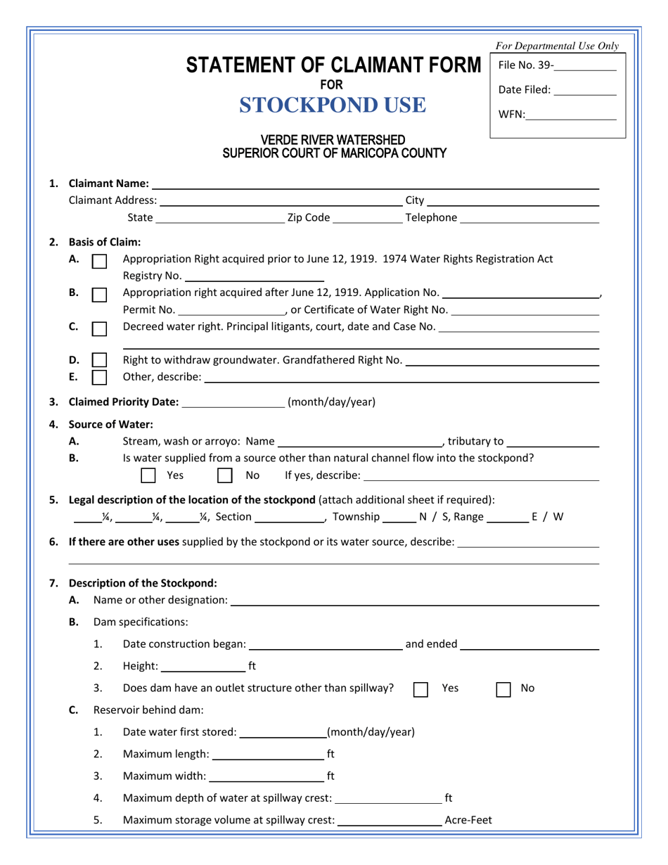 Statement of Claimant Form for Stockpond Use - Verde River Watershed - Arizona, Page 1