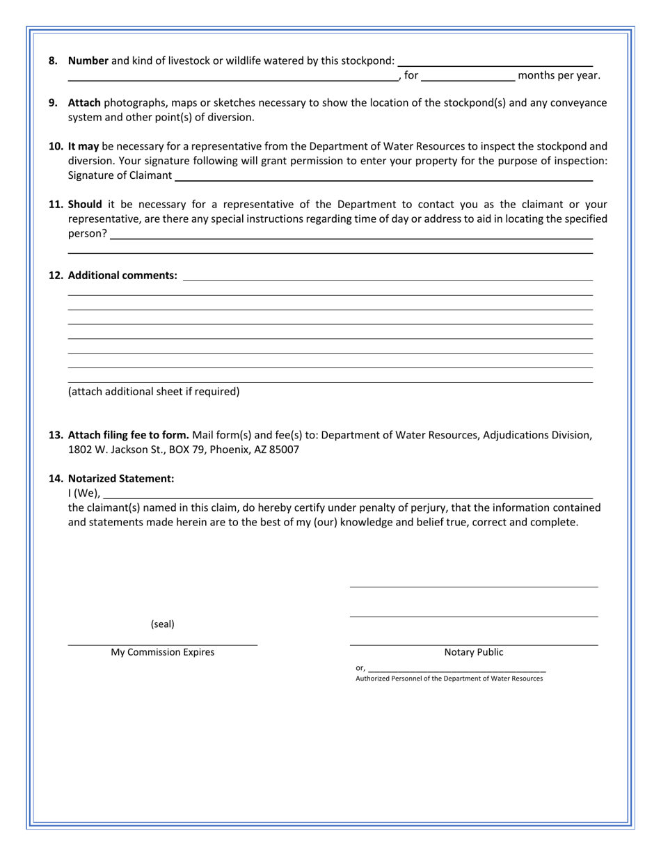 Statement of Claimant Form for Stockpond Use - Little Colorado River Watershed Adjudication - Arizona, Page 2