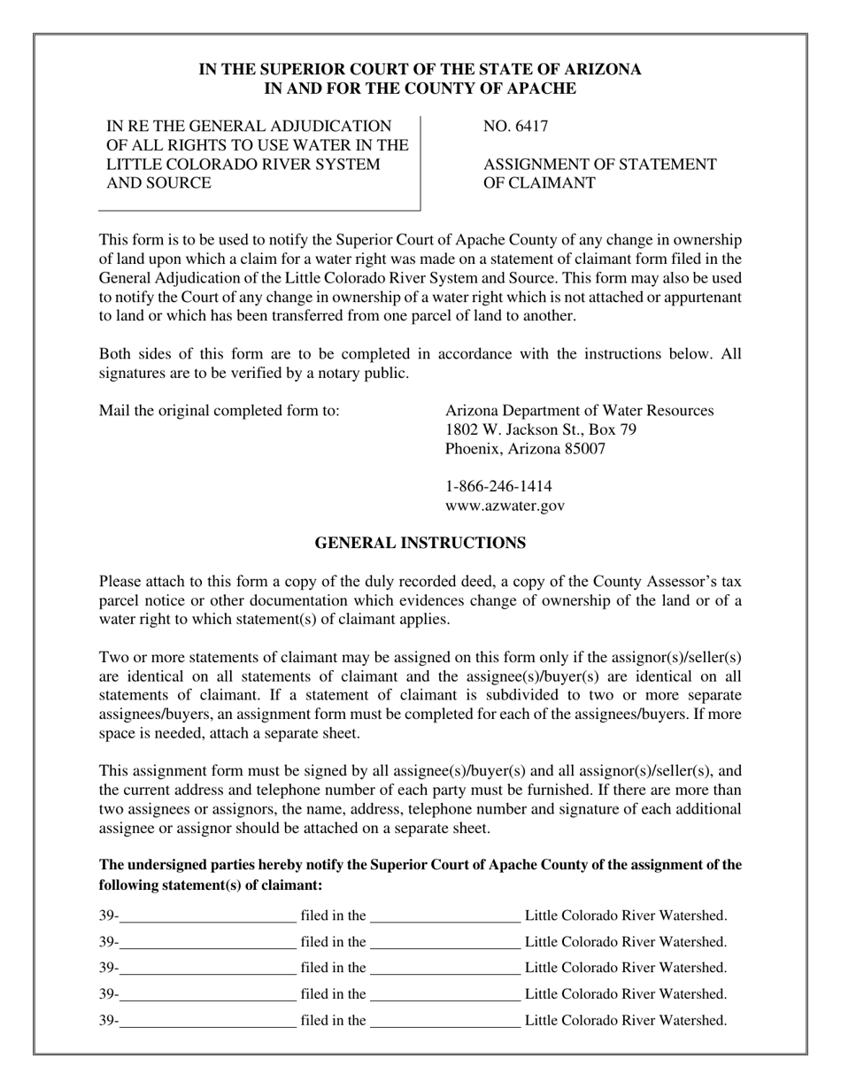 Assignment of Statement of Claimant - Little Colorado River - Arizona, Page 1