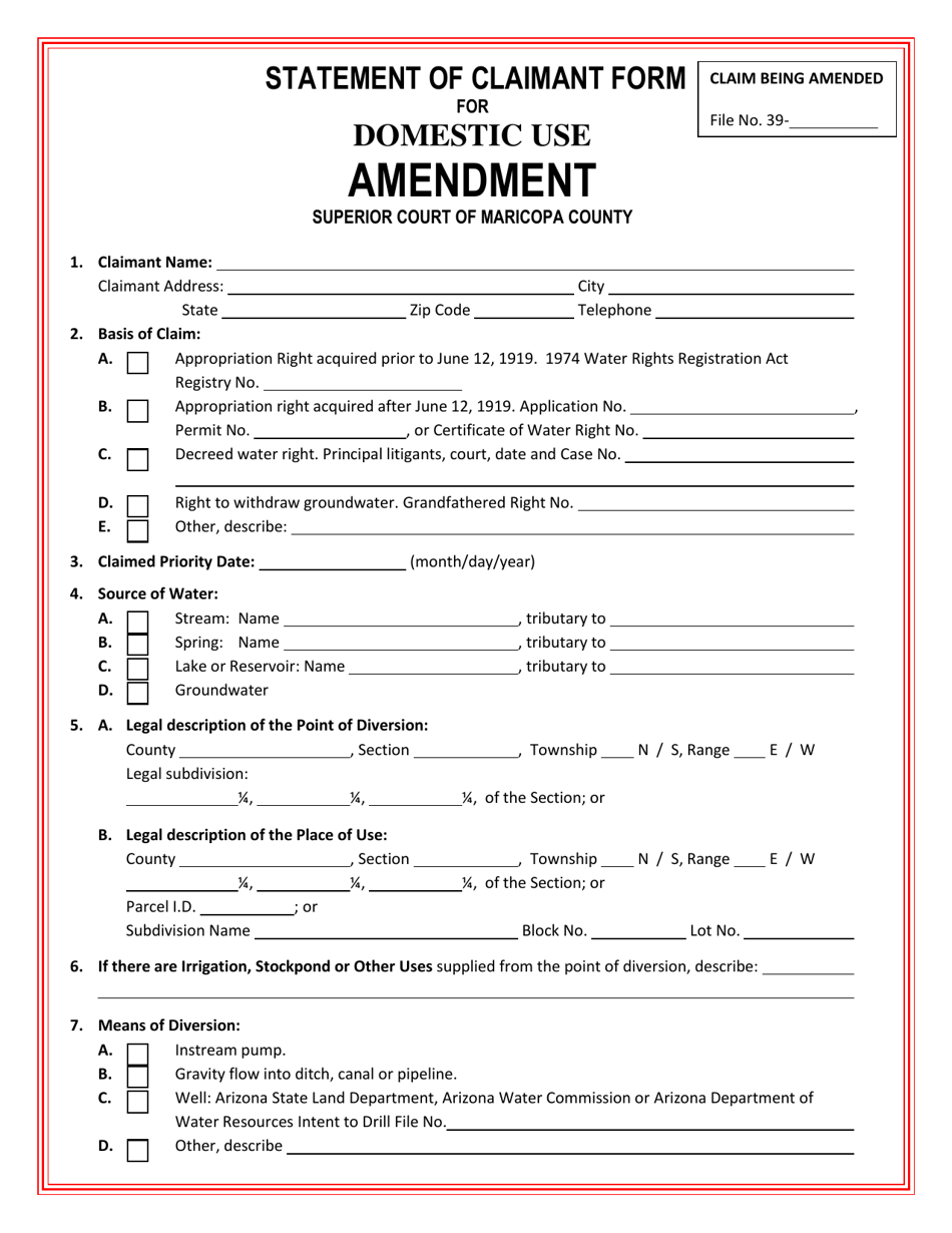 Statement of Claimant Form for Domestic Use - Amendment - Arizona, Page 1