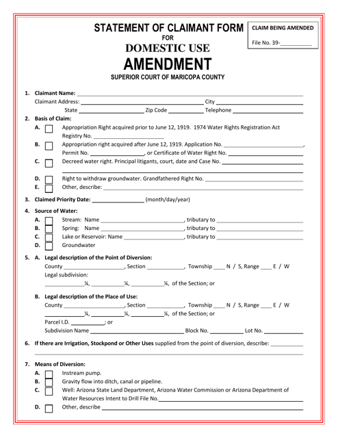 Statement of Claimant Form for Domestic Use - Amendment - Arizona Download Pdf