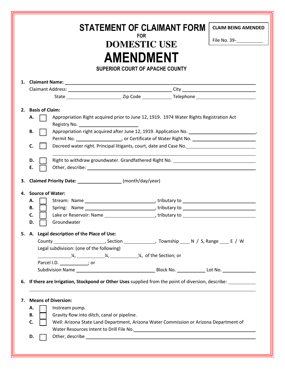 Statement of Claimant Form for Domestic Use - Amendment - Little Colorado River - Arizona, Page 1