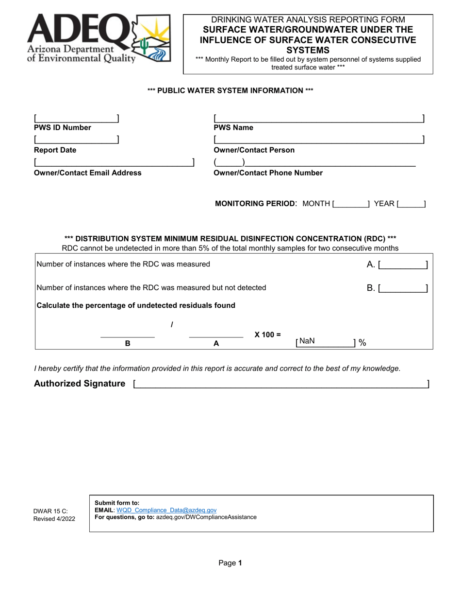 Form DWAR15C Drinking Water Analysis Reporting Form - Surface Water/Groundwater Under the Influence of Surface Water Consecutive Systems - Arizona, Page 1