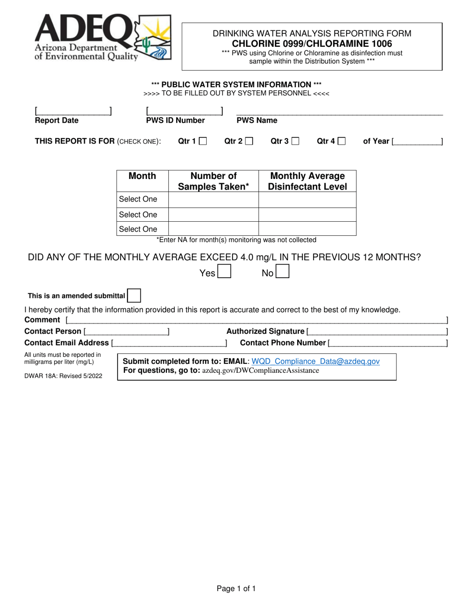 Form DWAR18A Drinking Water Analysis Reporting Form - Chlorine 0999 / Chloramine 1006 - Arizona, Page 1