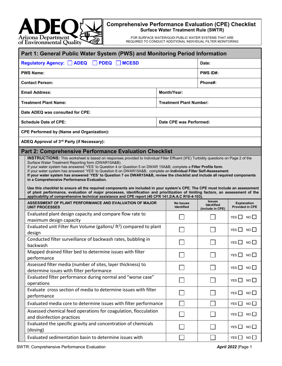 Comprehensive Performance Evaluation (Cpe) Checklist - Surface Water Treatment Rule (Swtr) - Arizona, Page 1