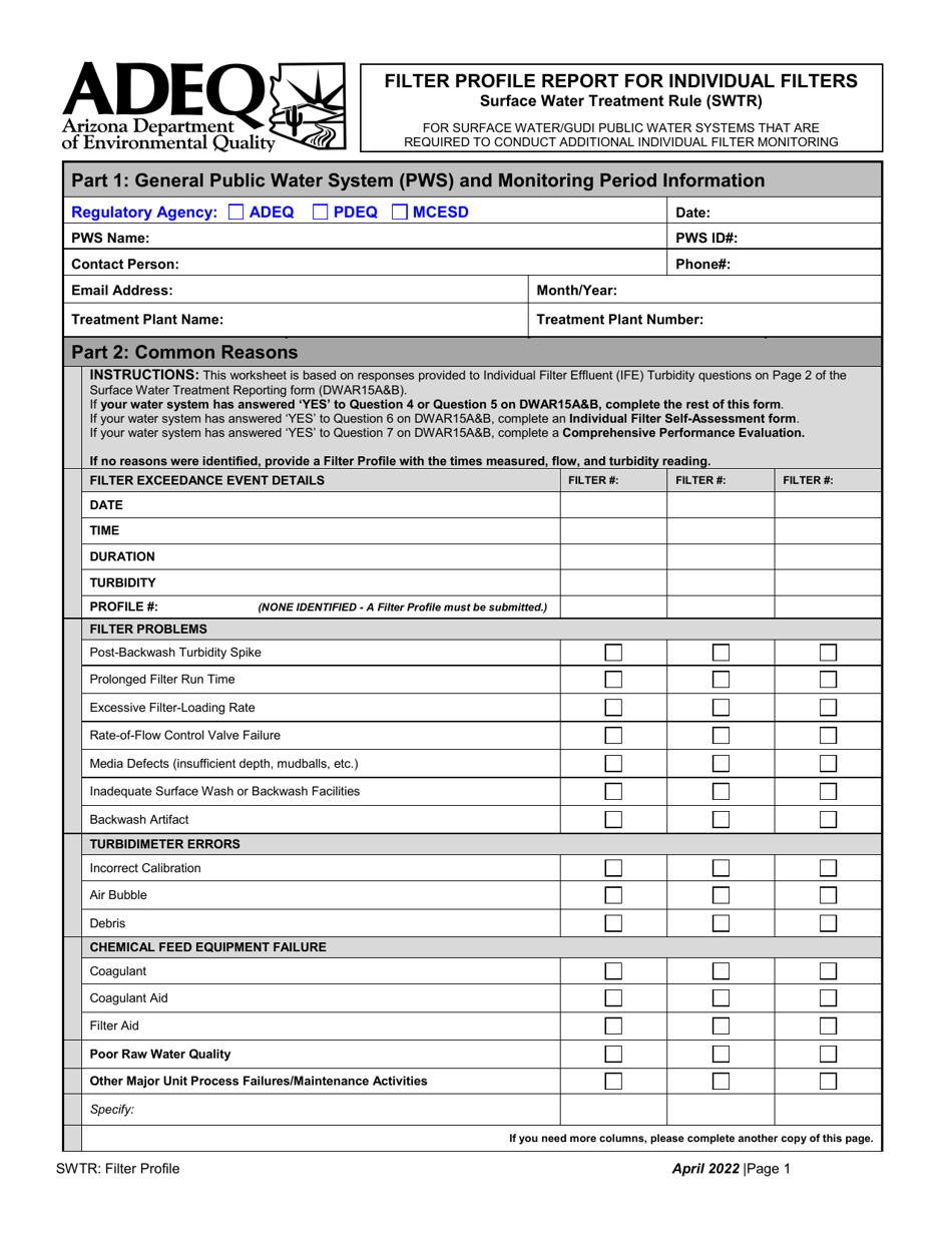 Arizona Filter Profile Report for Individual Filters Surface Water