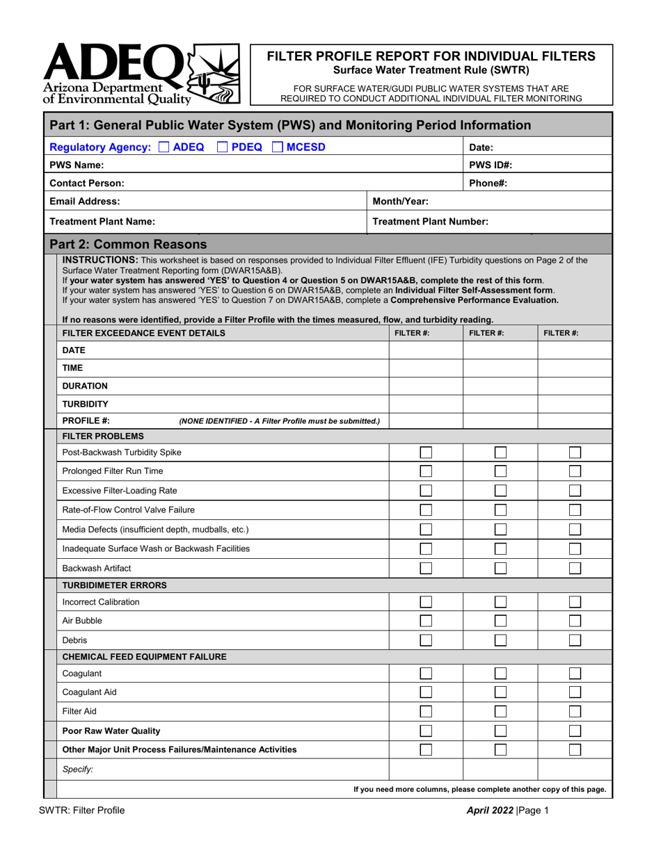 Filter Profile Report for Individual Filters - Surface Water Treatment Rule (Swtr) - Arizona, Page 1