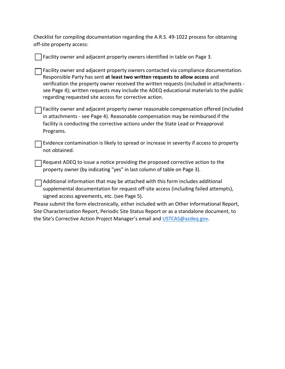 Underground Storage Tank (Ust) a.r.s. 49-1022 and off-Site Access Documentation Form - Arizona, Page 2