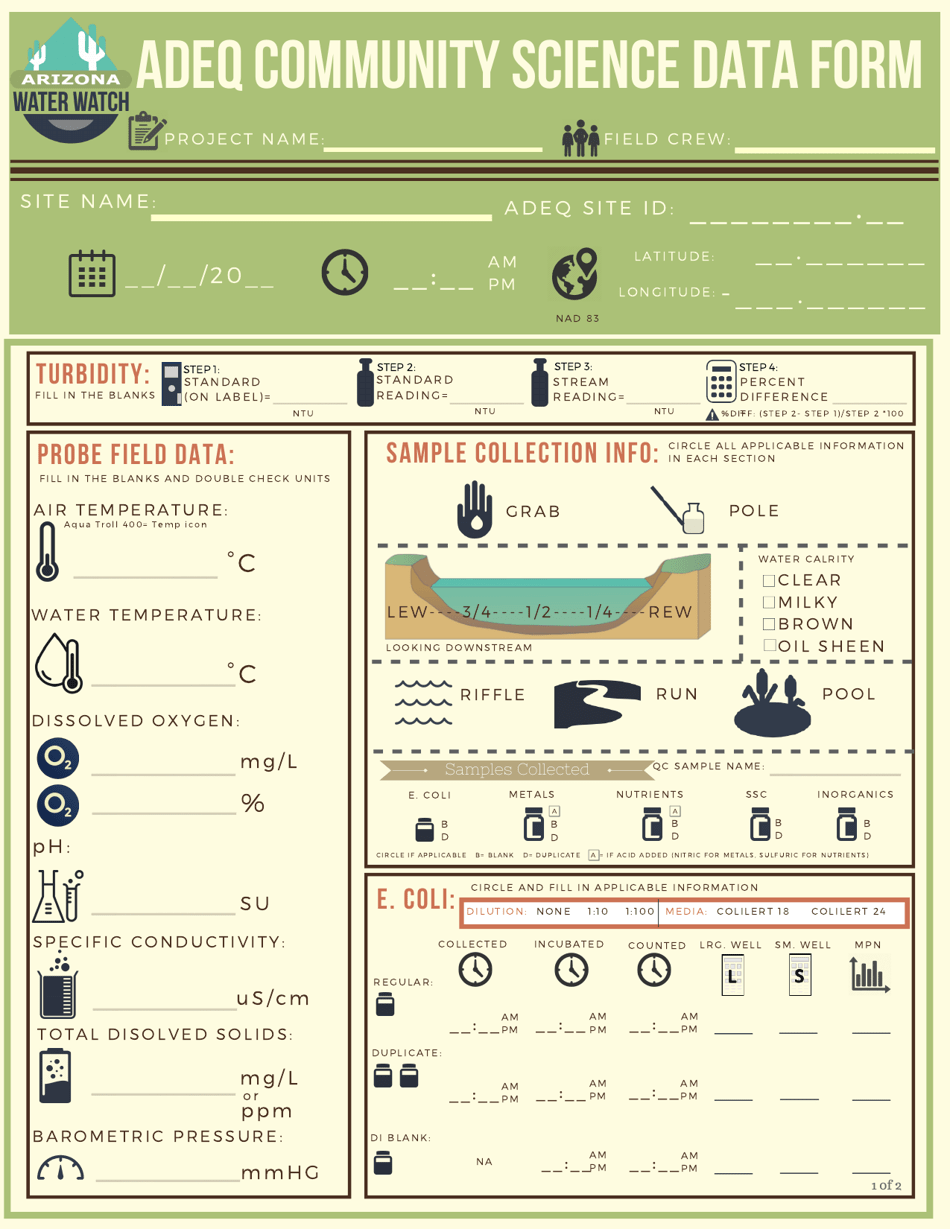 Adeq Community Science Data Form - Arizona, Page 1