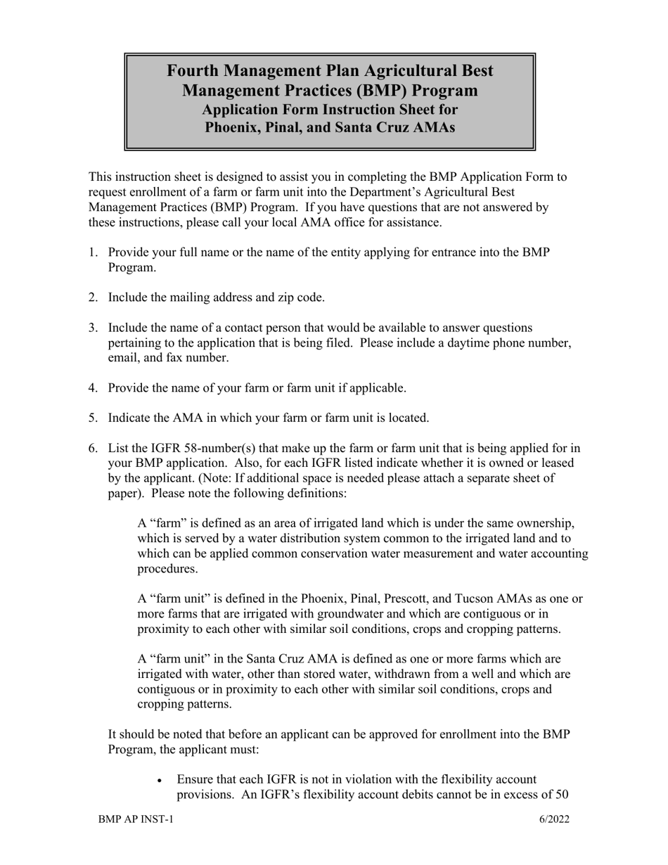 Form BMP AP-1 Phoenix, Pinal and Santa Cruz Amas - Application to Enroll in the Fourth Management Plan Agricultural Best Management Practices (Bmp) Program - Arizona, Page 1