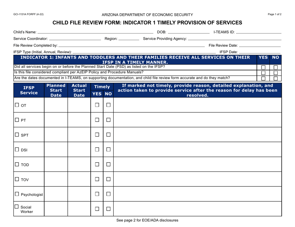 Form GCI-1131A Child File Review Form: Indicator 1 Timely Provision of Services - Arizona, Page 1