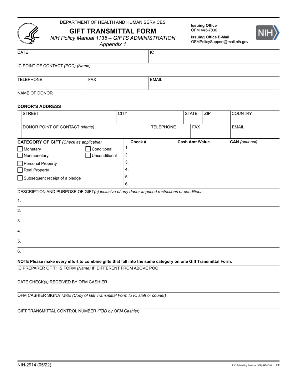 Form NIH-2914 Appendix 1 Gift Transmittal Form, Page 1