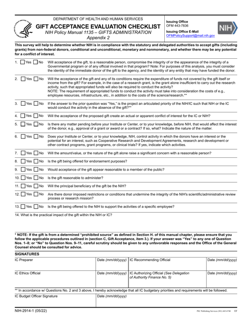 Form NIH-2914-1 Appendix 2  Printable Pdf