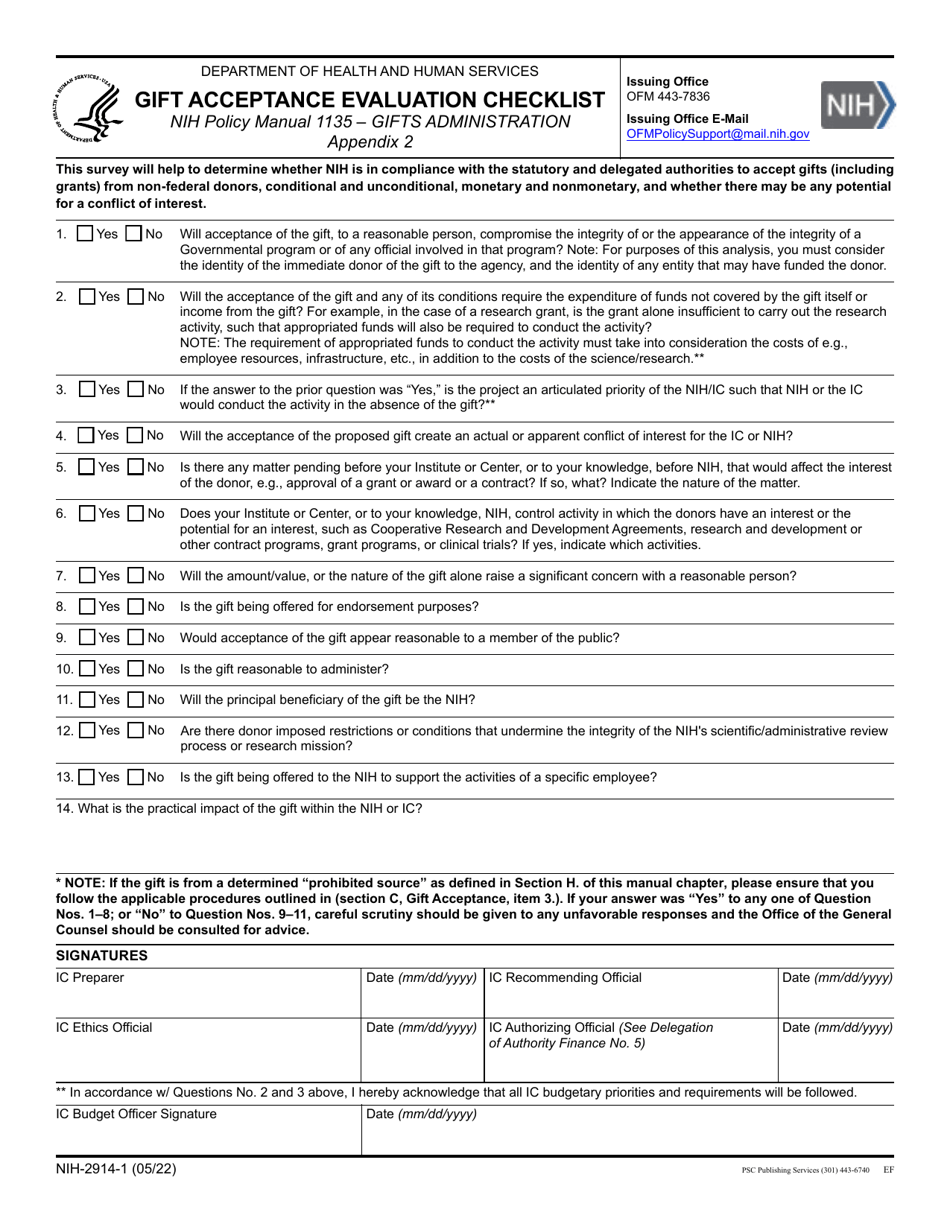 Form NIH-2914-1 Appendix 2 Gift Acceptance Evaluation Checklist, Page 1