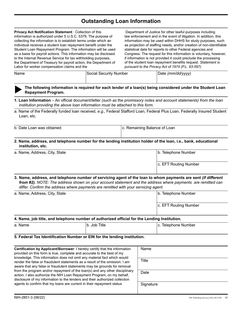 Form NIH-2851-3 Outstanding Loan Information, Page 1