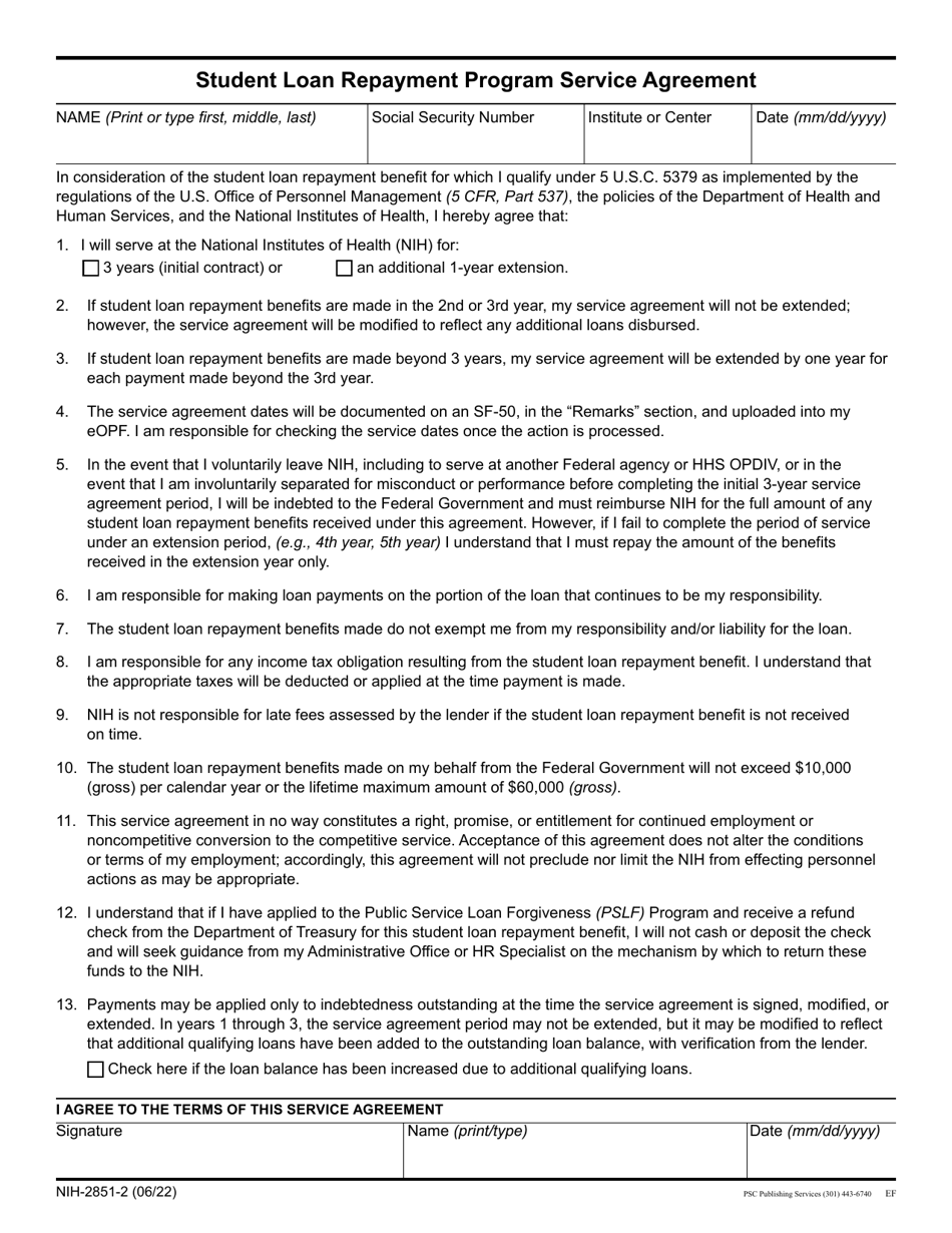 Form NIH-2851-2 Student Loan Repayment Program Service Agreement, Page 1