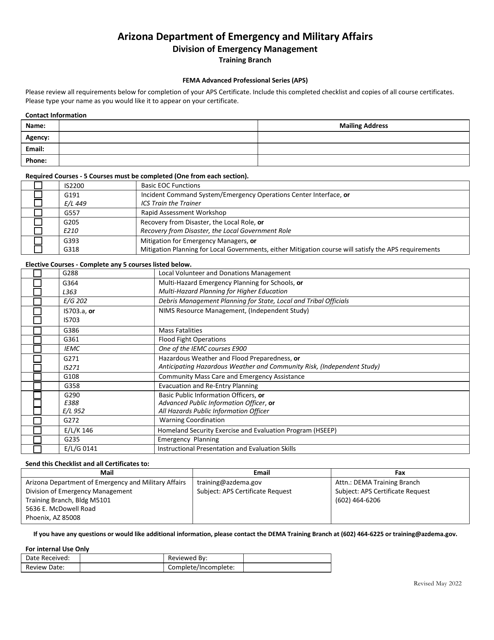 FEMA Advanced Professional Series (Aps) Checklist - Arizona Download Pdf