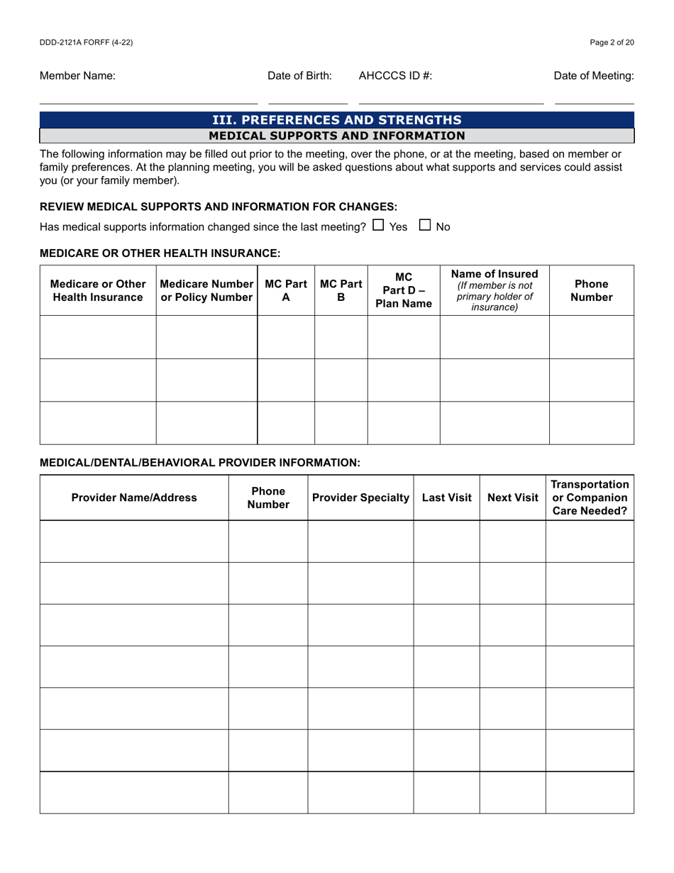 Form DDD-2121A Person-Centered Service Plan Supplement to the Individualized Family Service Plan - Arizona, Page 2