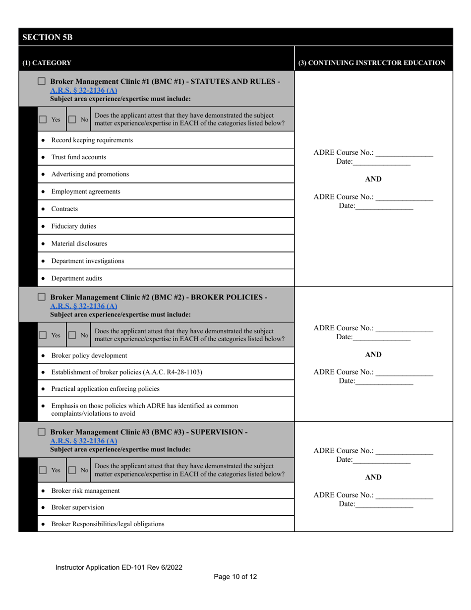 Form ED-101 Real Estate Instructor Application for Original Approval, Renewal, or Changes to Approved Categories - Arizona, Page 10