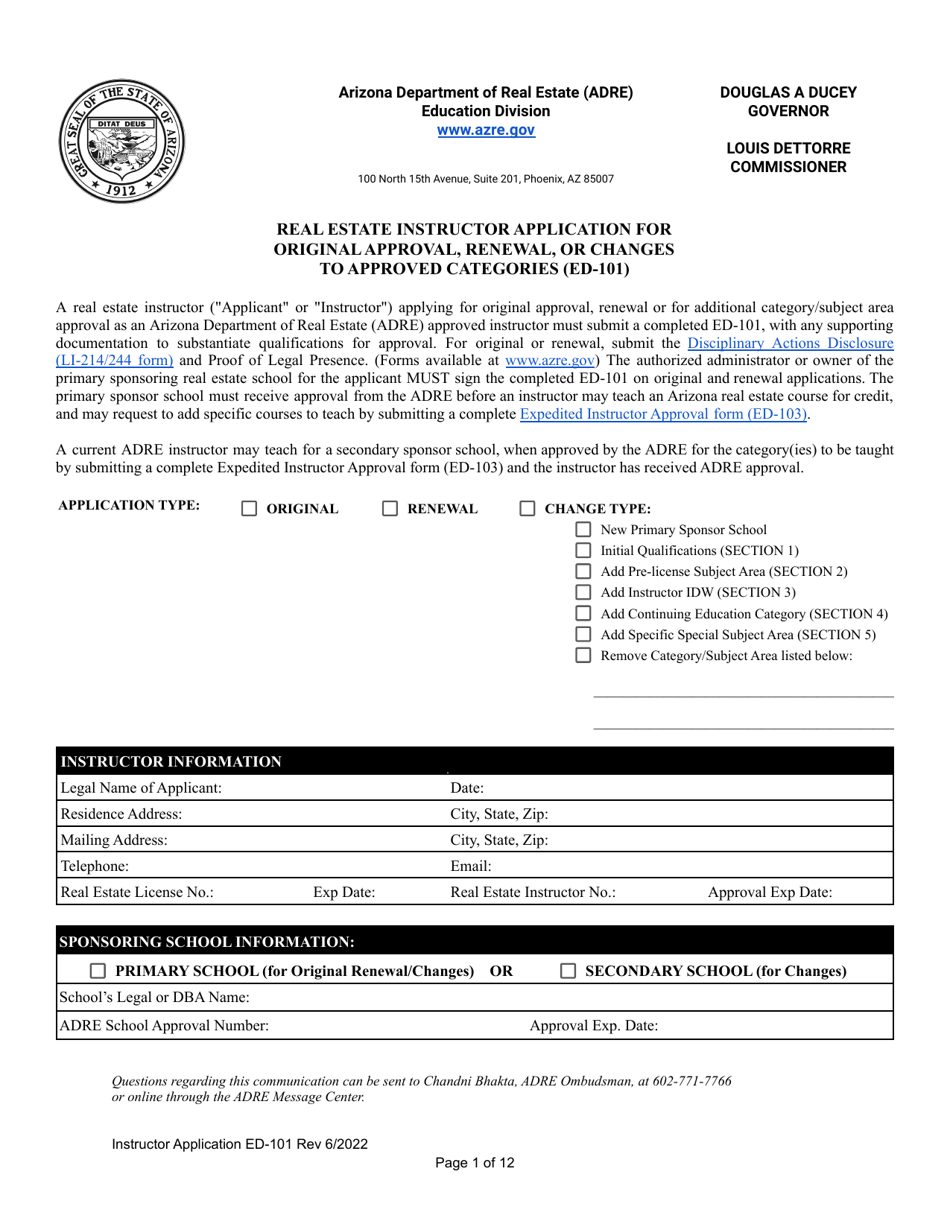 Form ED-101 Real Estate Instructor Application for Original Approval, Renewal, or Changes to Approved Categories - Arizona, Page 1
