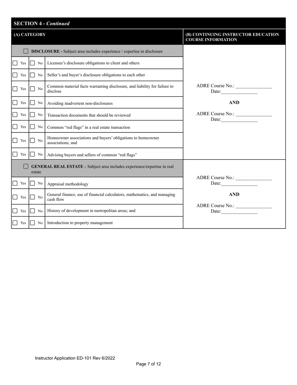 Form ED-101 Real Estate Instructor Application for Original Approval, Renewal, or Changes to Approved Categories - Arizona, Page 7