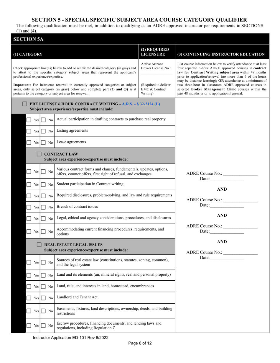 Form ED-101 Real Estate Instructor Application for Original Approval, Renewal, or Changes to Approved Categories - Arizona, Page 8