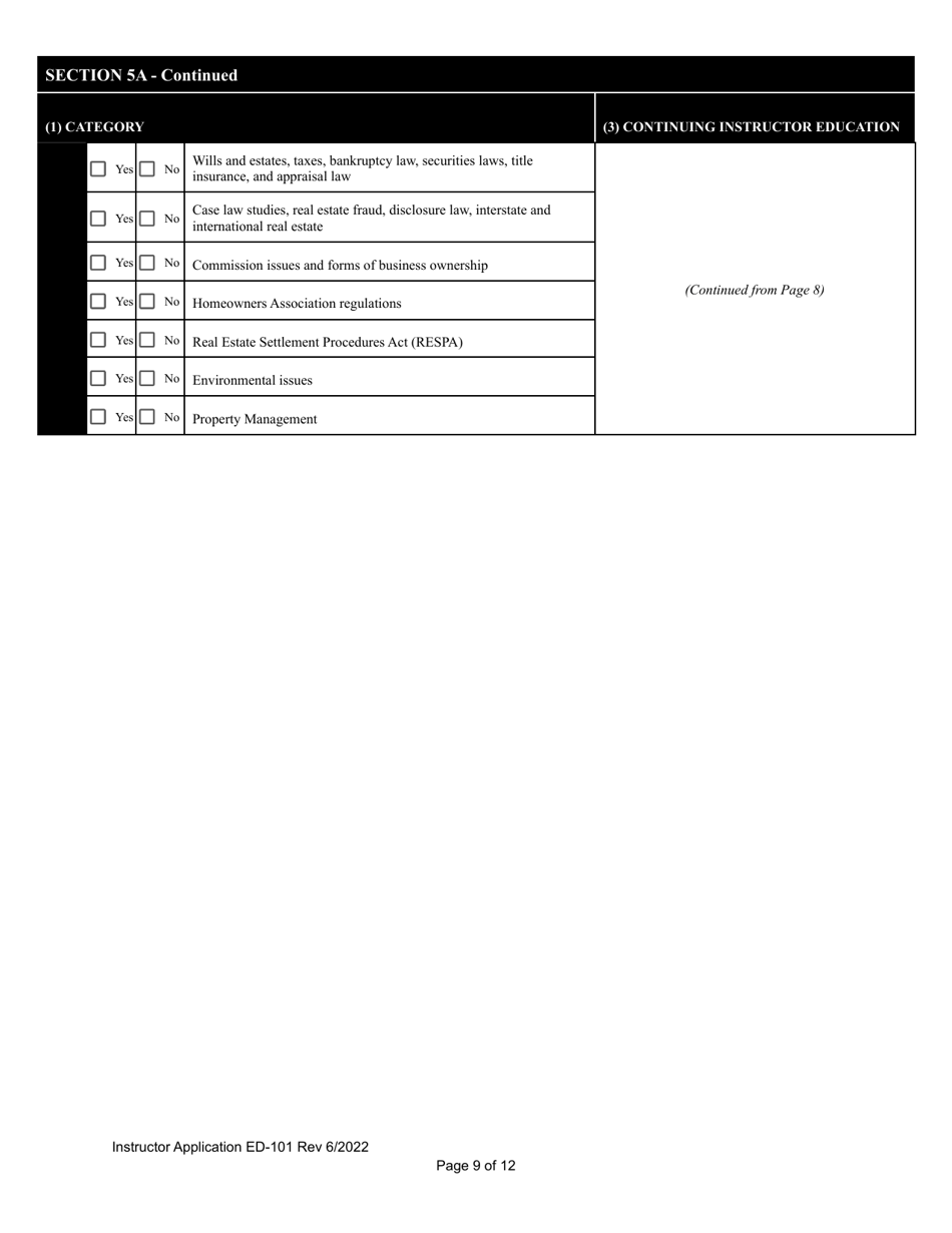 Form ED-101 Real Estate Instructor Application for Original Approval, Renewal, or Changes to Approved Categories - Arizona, Page 9