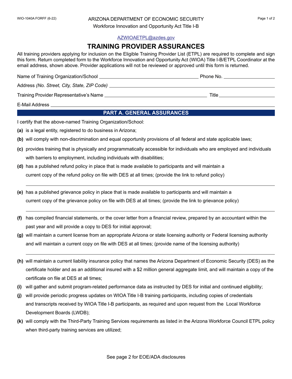 Form WIO-1040A Training Provider Assurances - Arizona, Page 1