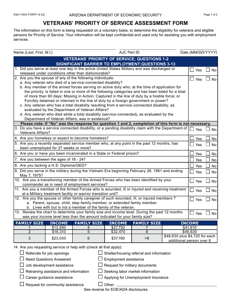 Form ESA-1193A Veterans Priority of Service Assessment Form - Arizona, Page 1