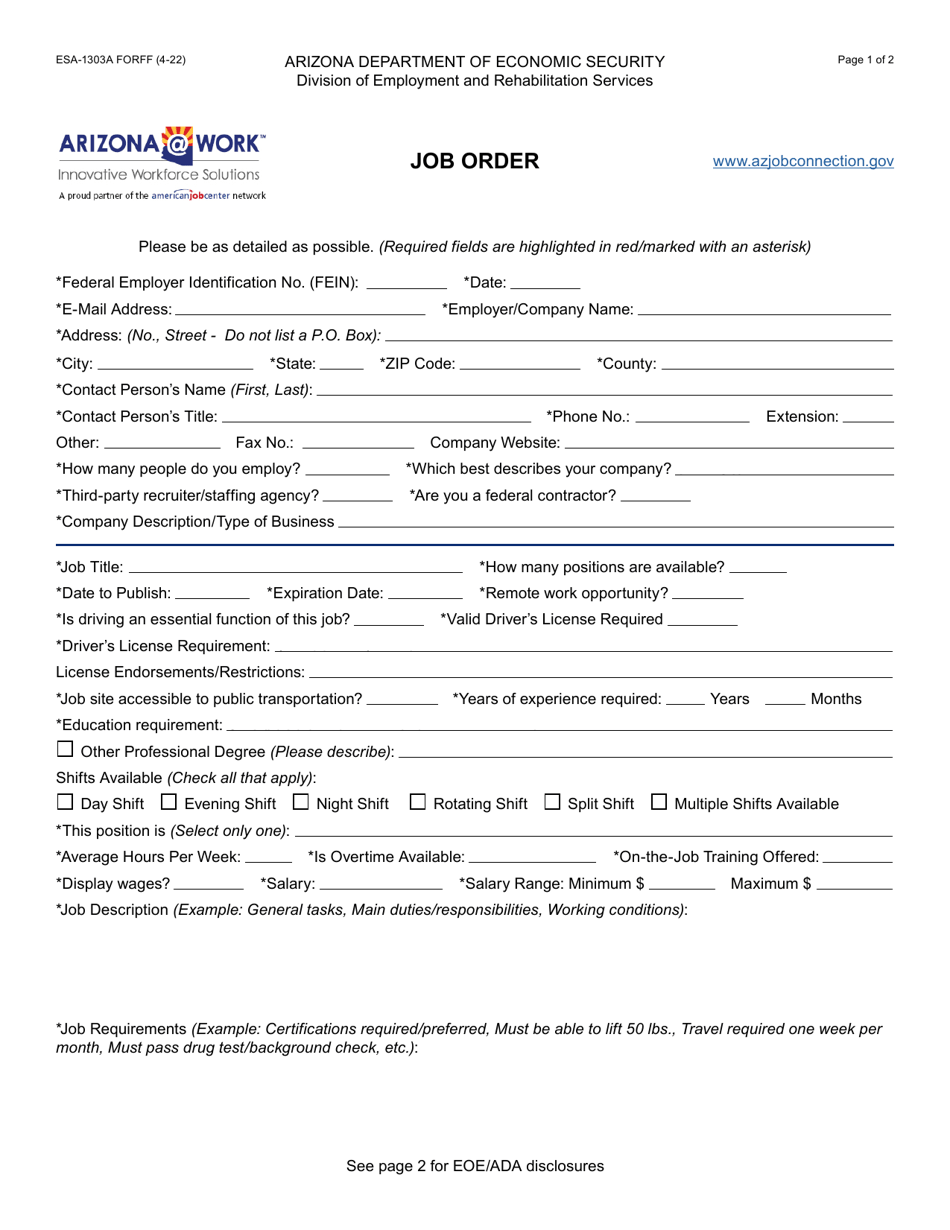 Form ESA-1303A Job Order - Arizona, Page 1