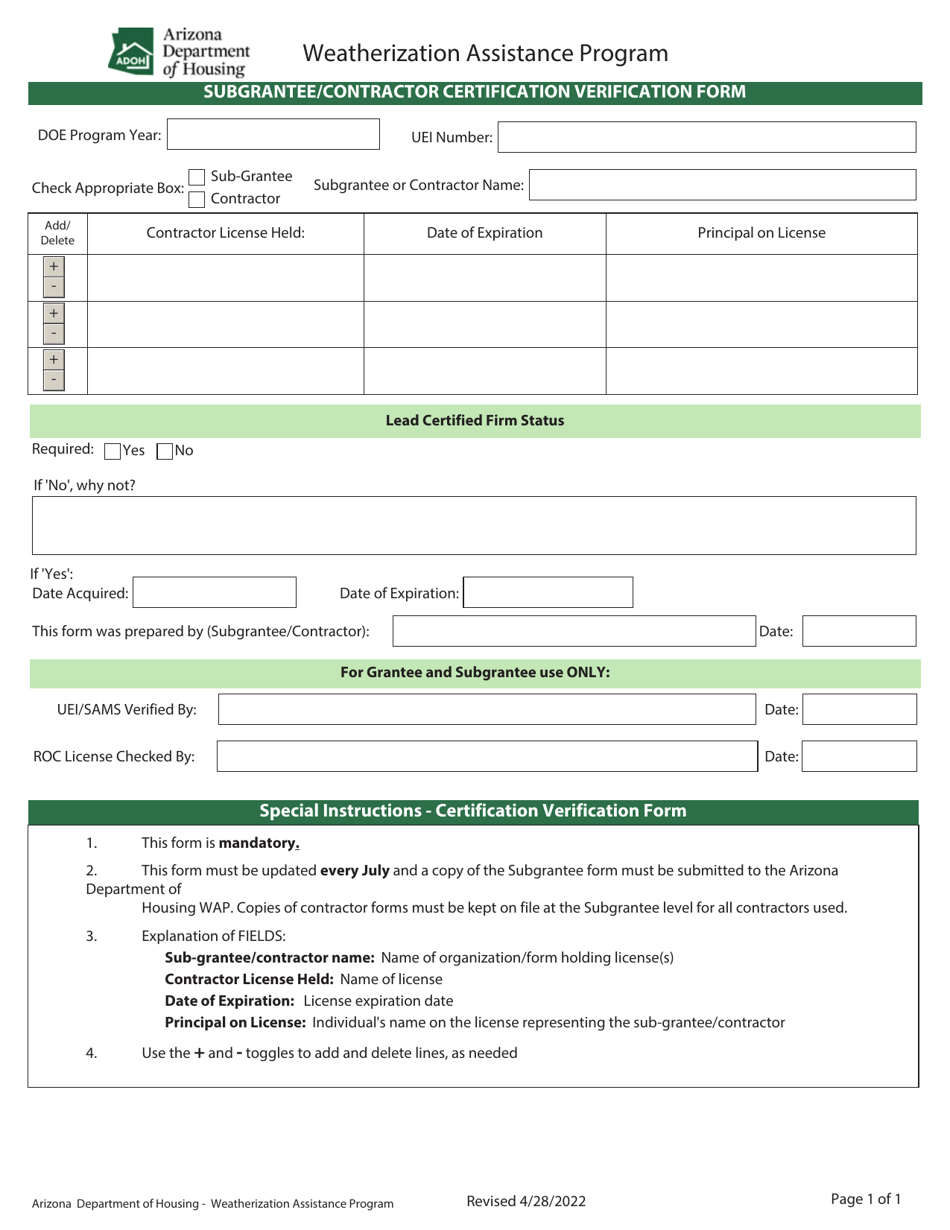 Subgrantee / Contractor Certification Verification Form - Weatherization Assistance Program - Arizona, Page 1
