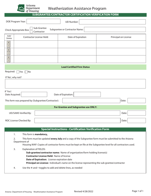 Subgrantee / Contractor Certification Verification Form - Weatherization Assistance Program - Arizona Download Pdf