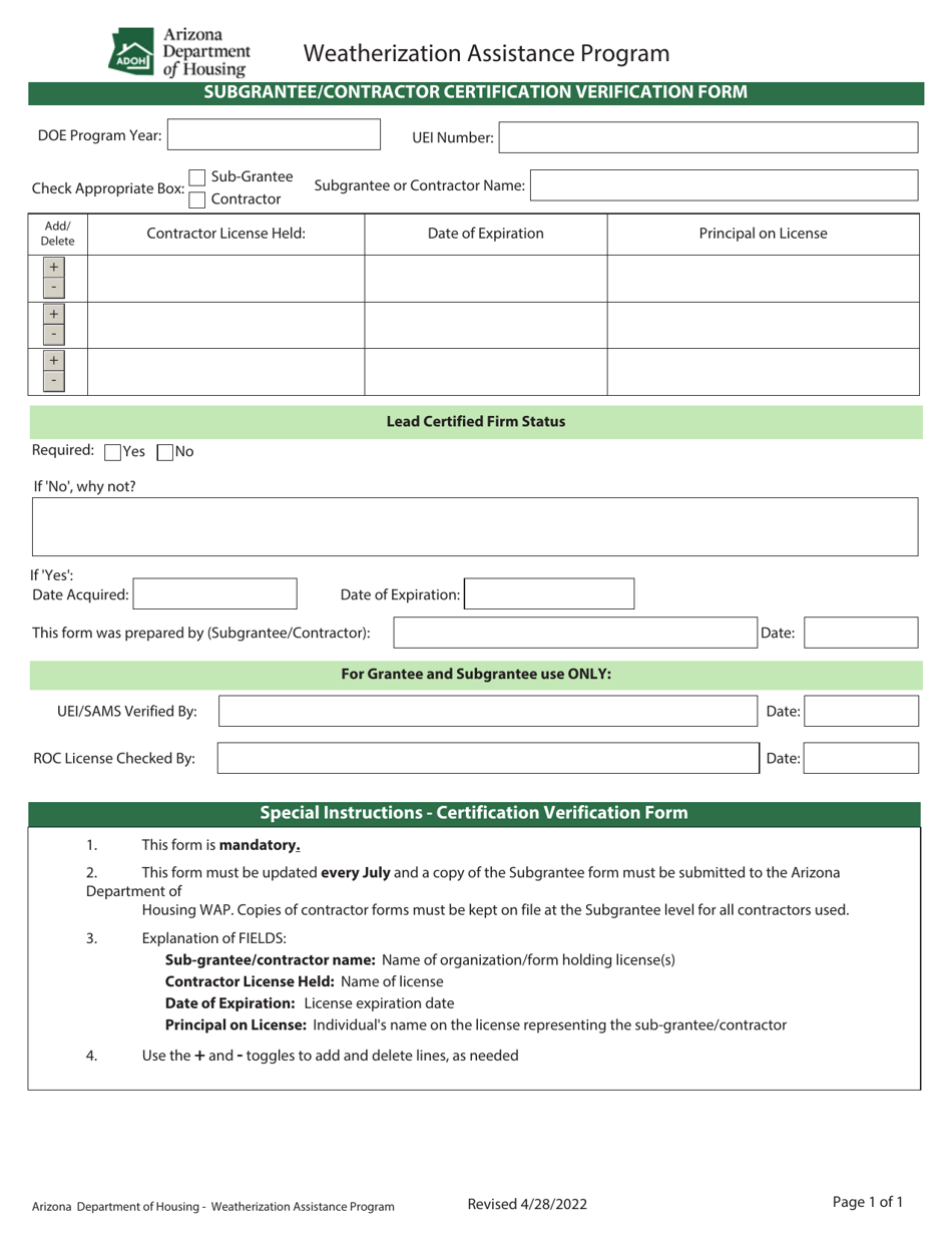 Arizona Subgranteecontractor Certification Verification Form Weatherization Assistance 1270