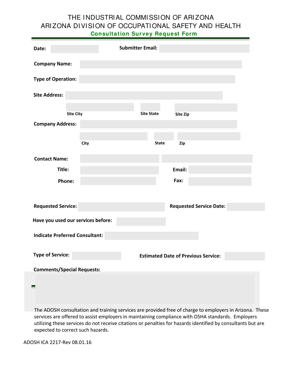 Form ADOSH ICA2217 Consultation Survey Request Form - Arizona, Page 1