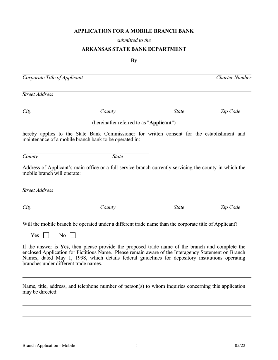 Application for a Mobile Branch Bank - Arkansas, Page 1
