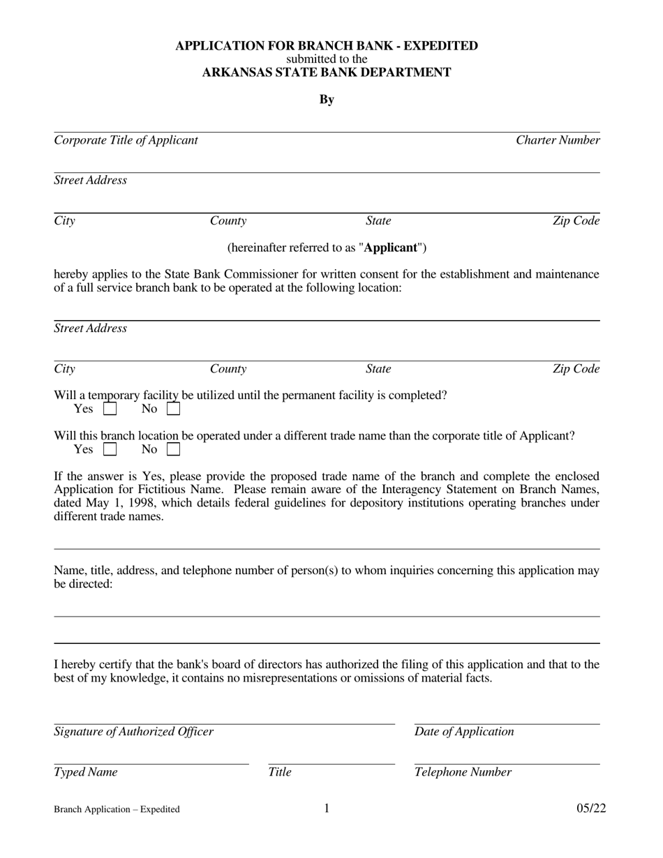 Application for Branch Bank - Expedited - Arkansas, Page 1