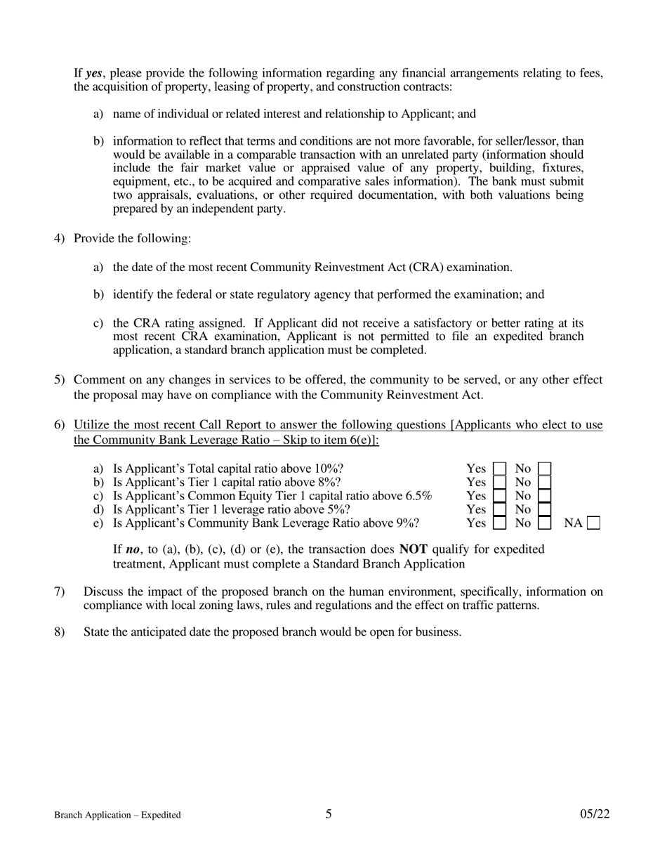 Application for Branch Bank - Expedited - Arkansas, Page 5