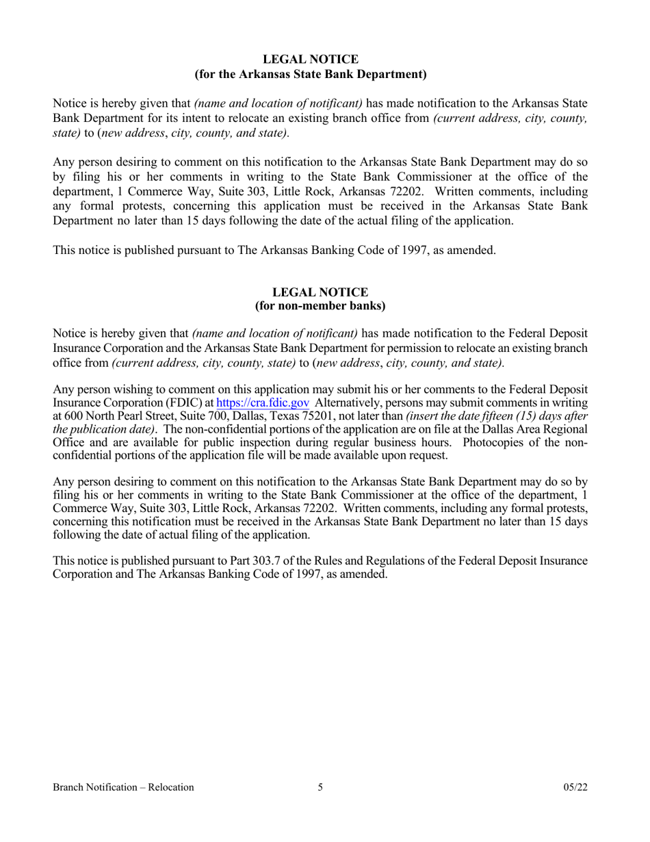 Notification for Relocation of a Branch Bank - Arkansas, Page 5
