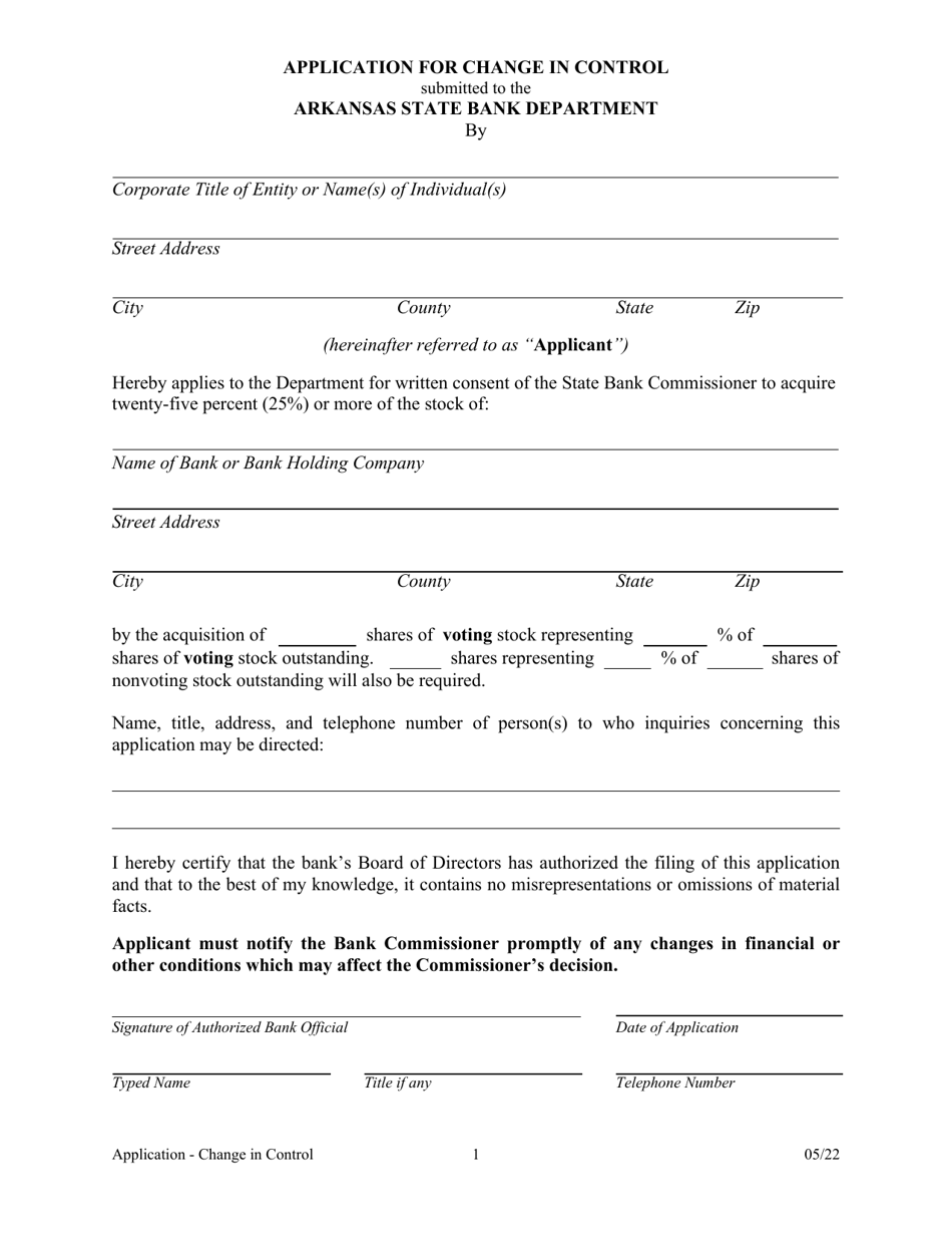 Application for Change in Control - Arkansas, Page 1
