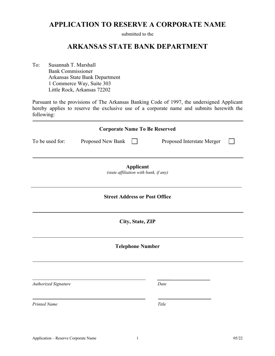 Arkansas Application to Reserve a Corporate Name Fill Out, Sign