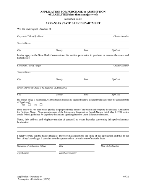 Application for Purchase or Assumption of Liabilities ( 50%) - Arkansas Download Pdf